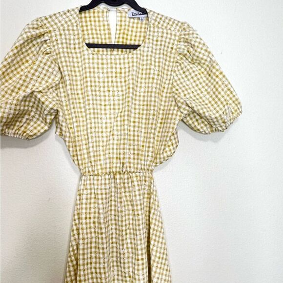 Anthropologie En Saison Gingham Floral Yellow Kanika Puff Sleeve Midi Dress L - Picture 6 of 7